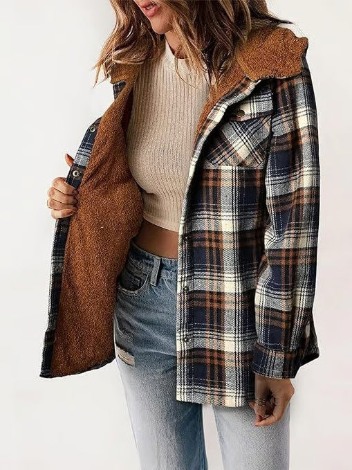 Plush Check Print Hooded Coat – Women Plaid Fleece Winter Jacket