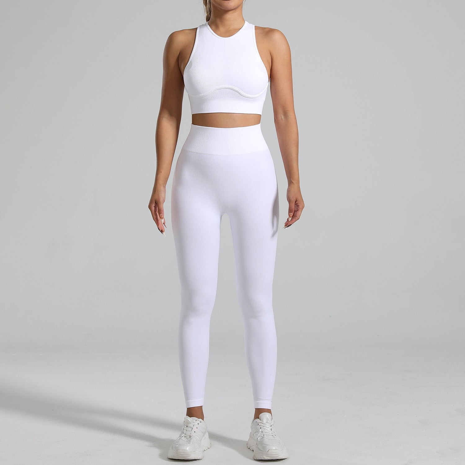 A woman figure, wearing a  White Tight-Fitting Yoga Set wear, with the front side being displayed