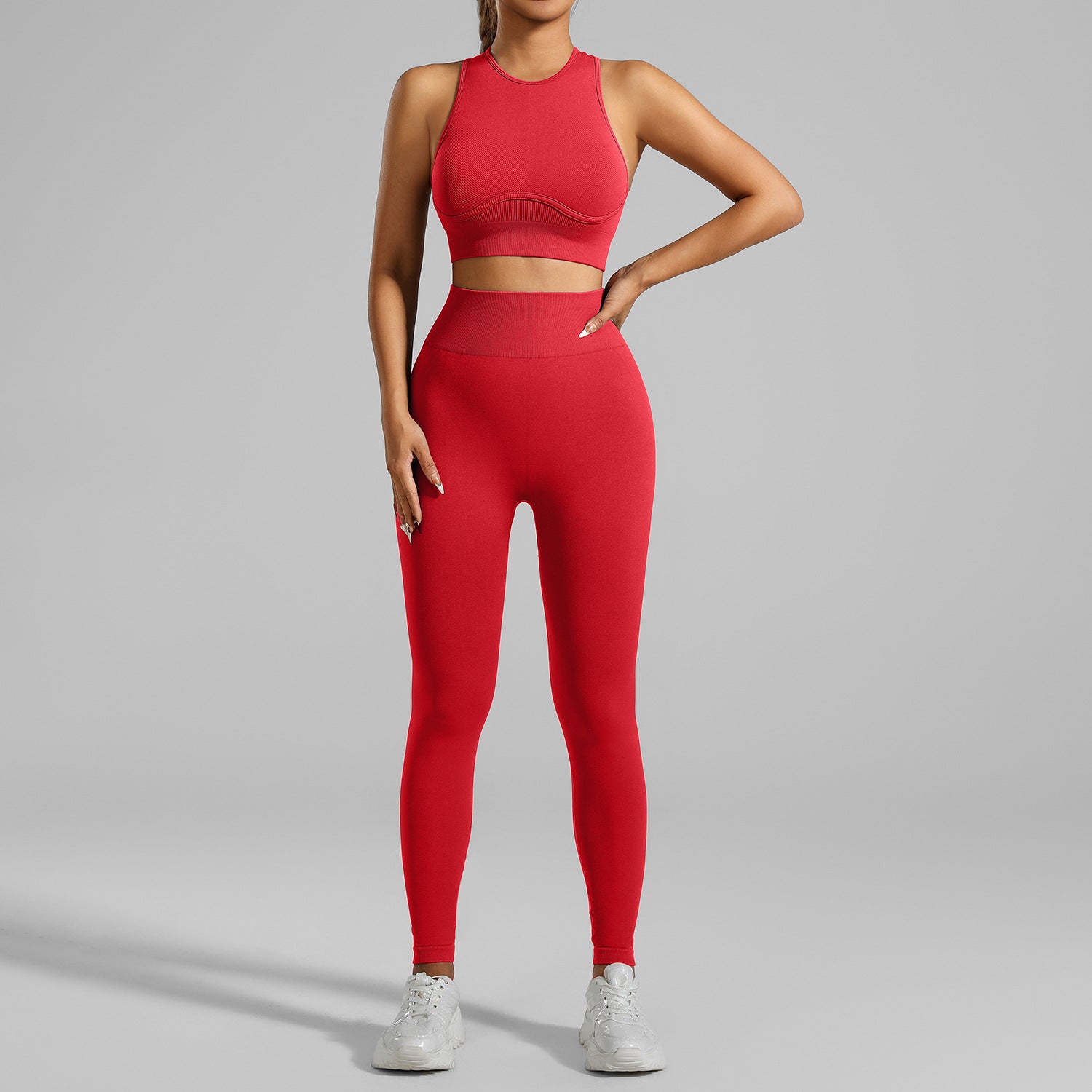 Detail of quick-dry high-waist yoga leggings and crop top outfit