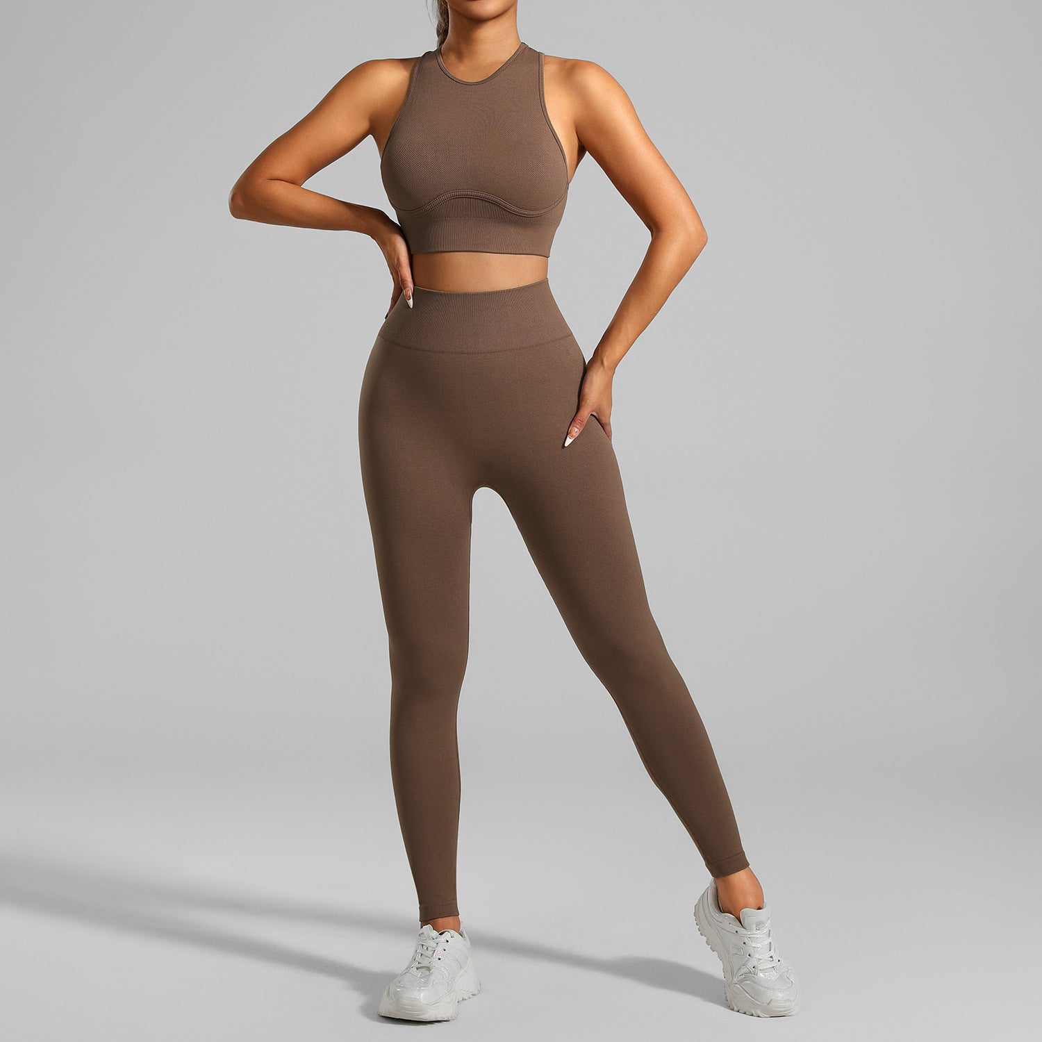 Detail of quick-dry high-waist yoga leggings and crop top outfit